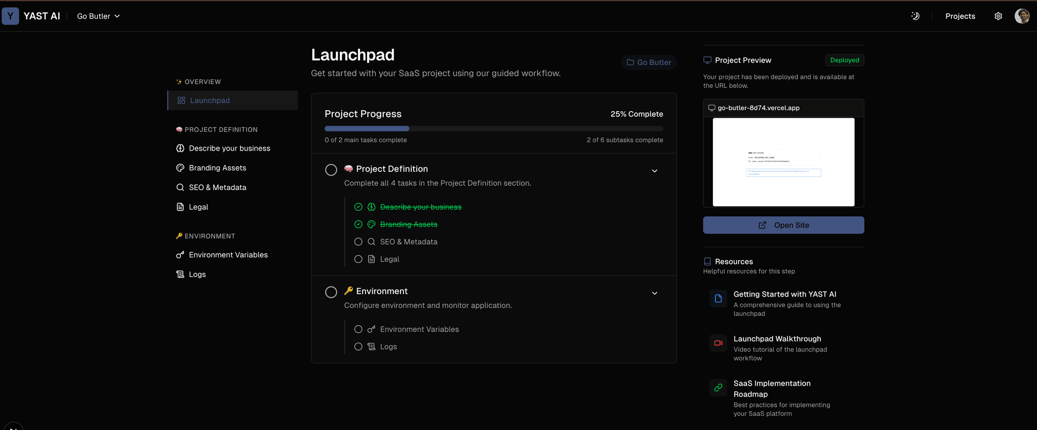 YAST AI Dashboard - No-code SaaS builder interface